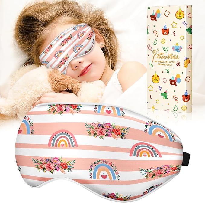 Sleep Mask for Kids - Silk Eye Mask for Sleeping Cute Cartoon Kids Sleep Mask for Boys Girls Teens Soft Smooth Adjustable Straps Silk Kids Eye Cover, Rainbow Flowers - Bloomnest