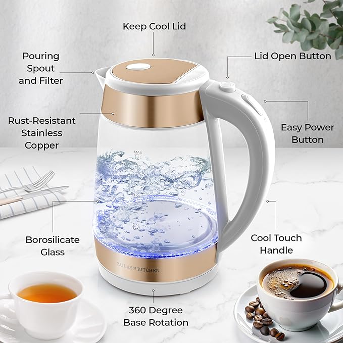 Zulay Kitchen Fast Boiling Electric Water Kettle - 1.7L, 1500W, Auto Shut-Off for Overboil & Boil Dry Protection, Cool-Touch Handle, 360° Base - Rapid Teapot Boiler For Coffee & Tea - White Copper - Bloomnest