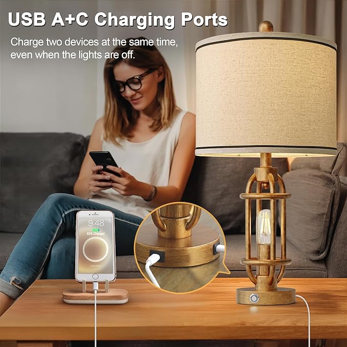 23.75'' Table Lamps Set of 2 for Living Room Bedroom Industrial Farmhouse Metal Touch Lamps with USB A+C Ports, Night Light Vintage Nightstand Bedside Lamp, Bulbs Included, Antique Gold - Bloomnest