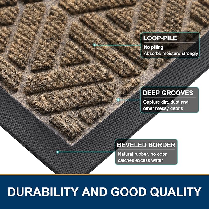 Smiry Front Door Mat Outside Entrance, Heavy Duty Sturdy Natural Rubber Doormat, Trap Dirt and Moisture, Easy Clean Low Profile Mats for Indoor Outdoor Entry, Grid Geometric (59x24, Brown) - Bloomnest