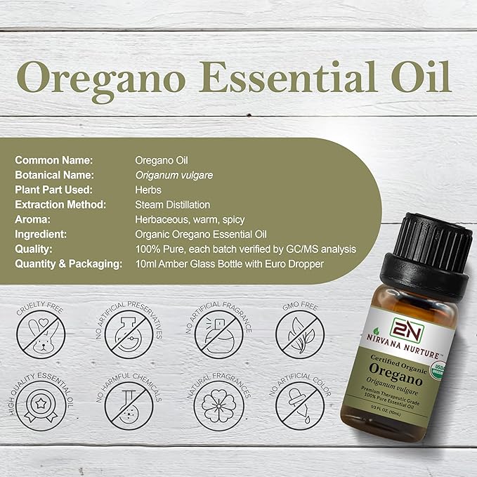 Oregano Essential Oil, USDA Certified Organic, 100% Pure Undiluted, Aromatherapy Oil for Diffuser, Hair & Skin Care NirvanaNurture