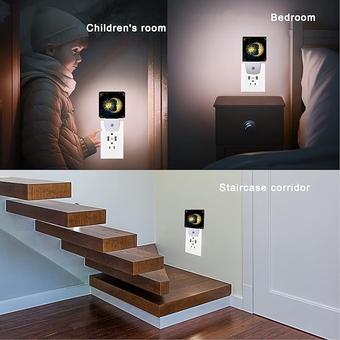 Celestial Moon Golden Sun Night Light,Boho Chic Stars Night Lights Plug into Wall with Dusk to Dawn Light Sensors 0.5W Dim Night-Lights for Bedroom - Bloomnest