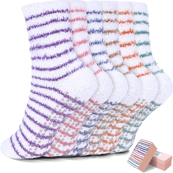 HUGSWEET 6 Pairs Thick Fuzzy Socks with Grip Cozy Non Slip Hospital Socks Home Fluffy Warm Slipper Socks Gifts for Women - Bloomnest