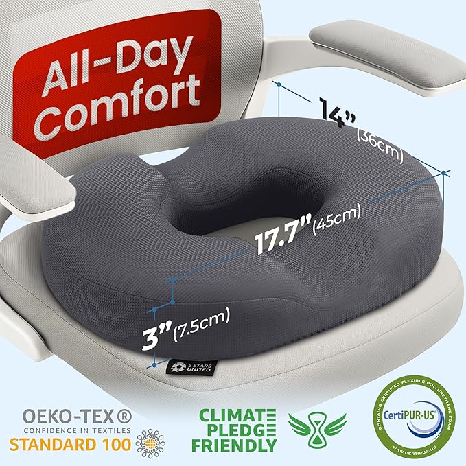 5 STARS UNITED Donut Pillow Hemorrhoid Tailbone Cushion – Large Cushion for Pain Relief – Coccyx, Prostate, Sciatica, Pelvic Floor, Pressure Sores, Pregnancy, Postpartum Recovery, Dark Gray - Bloomnest