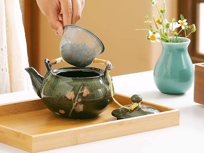 Traditional Japanese tea set, Kiln altered glaze Porcelain tea set with 1 Teapot, 6 Tea cups, 1 Tea Tray,Japanese teapot set, Asian tea sets (Kiln altered-Green) - Bloomnest