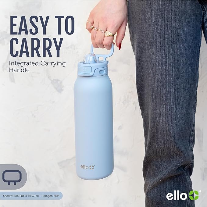 Ello Pop & Fill Insulated Stainless Steel Water Bottle with Quick Fill Lid, Leakproof Locking, Sip or Chug Spout, BPA-Free, Double Wall Vacuum Insulated for Sports, Travel & School- 22oz / 32oz / 40oz Ello