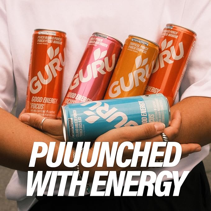GURU PUNCH Organic Energy Drinks Variety Pack, Clean Energy Drink with Plant Based Natural Caffeine from Green Tea + Focus w/L-Theanine, Gluten Free, 140mg Caffeine, Healthy Drinks, 12oz (Pack of 12) - Bloomnest