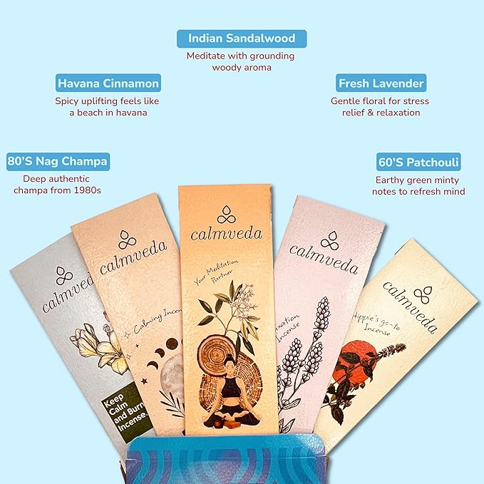 Ōm Meditation Incense Sticks - (5 Variants, 60 Insenses) Charcoal Free Inscents-Sticks | Nag Champa, 60s Patchouli Incense, Lavender Incense, Cinnamon & Sandalwood Incense, Perfect Care Gift - Bloomnest