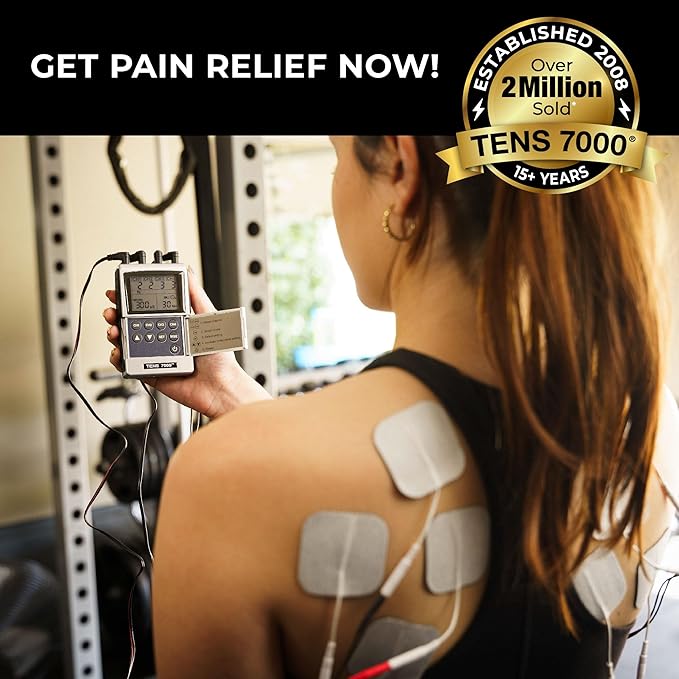 TENS 7000 Pro Rechargeable Tens Unit Muscle Stimulator, 4 Channels, Back Pain Relief, 8 Electrodes/Unit Pads, EMS and TENS Machine, Muscle Recovery & Growth, Stim Machine, Electrotherapy TENS7000