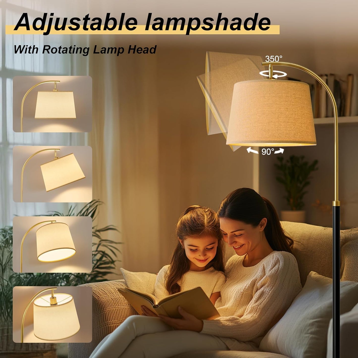 62.5" Floor Lamps for Living Room with Foot Switch Arc Tall Standing Lamp for Bedroom Mid Century Modern Corner Gold Black Floor Lamps for Office Nursery Industrial Reading Light Room Lamp