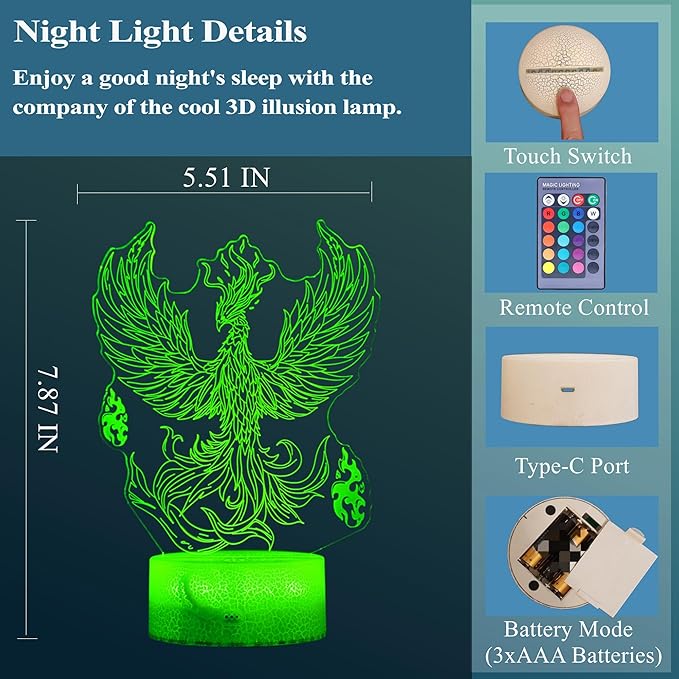 Phoenix Night Light, 3D Illusion Lamp, Phoenix Stuff with 16 Colors Changing, Remote Control, Dimmable, Kids Room Decoration, Xmas Holiday Gifts - Bloomnest