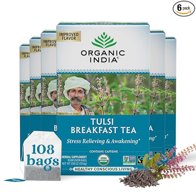 ORGANIC INDIA Tulsi Breakfast Herbal Tea - Black Tea, Holy Basil, Relieve Stress & Energize, Immune Support, Adaptogen - Vegan, USDA Certified Organic, Non-GMO, Caffeinated - 18 Infusion Bags, 6 Pack - Bloomnest