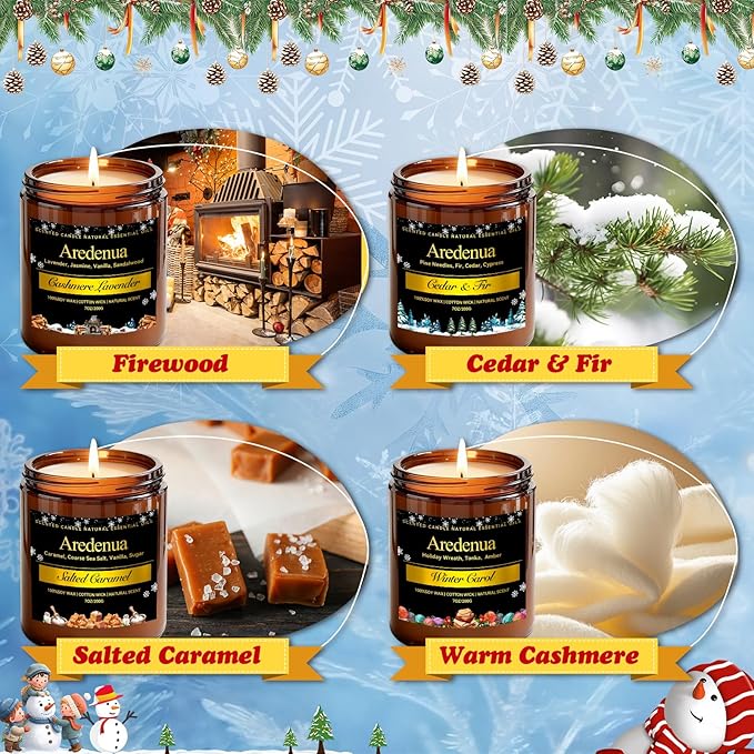 Winter Candles Set | 4 Pack Holiday Scented Candles - Cozy Winter Soy Candle Scents of Warm Cashmere/Firewood/Cedar & Fir/Salted Caramel - Christmas Candle Gifts for Women Men, Holiday Home Décor - Bloomnest