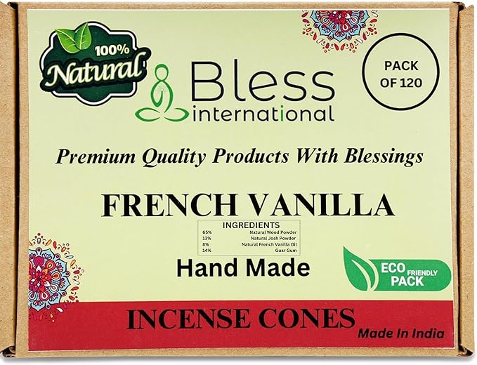 Bless International French-Vanilla 100%-Natural-Incense-Cones Handmade-Hand-Dipped Organic-Chemicals-Free for-Purification-Relaxation-Positivity-Yoga-Meditation The-Best-scents (120 Count) BlessInternational