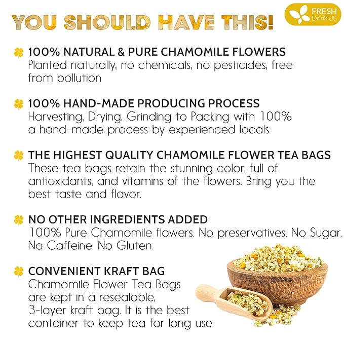 FRESHDRINKUS, Premium 25 Chamomile Tea Bags, 100% Natural and Pure Chamomile Flowers, Eco-conscious Tea Bags. Chamomile Flower Herbal Tea. No Sugar, No Caffeine, No Gluten, Vegan. - Bloomnest