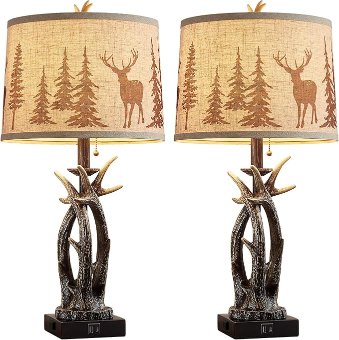 Farmhouse Deer Antler Table Lamps Set of 2 Rustic Western Bedside Lamp with USB A+C & Outlet for Log Cabin Bedroom Hunting Themed Livig Room End Table Cottage Home Decor,Deer Print Linen Fabric Shade - Bloomnest