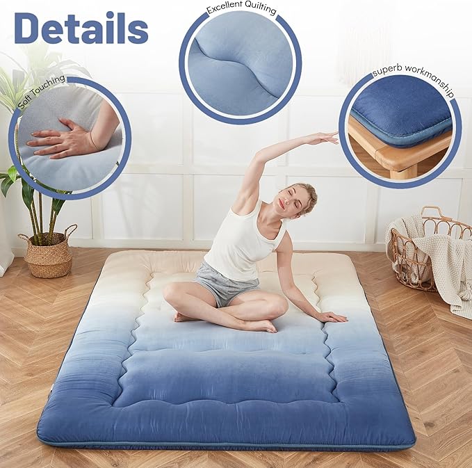 Japanese Floor Mattress, Futon Mattress with Portable Storage Bag and Washable Cover, Roll Up Thick Tatami Mat Suitable for Camping, Guest Room (Coastal Gradient, Twin) - Bloomnest