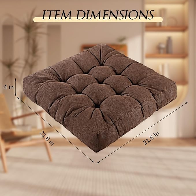 Meditation Floor Cushions, Thickened Floor Pillow for Adults, Large Square Pillows Seat Cushion for Tatami Living Room Yoga, Memory Sponge Block Added, 22x22 Inch, Brown