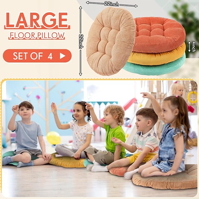 Jerify Floor Pillow Cushions 22 x 22 Inch Round Square Large Meditation Floor Pillow for Classroom Adult Meditation Picnic Party Cushion for Seating Gift Christmas(Round,Yellow Green,4 Pcs) - Bloomnest