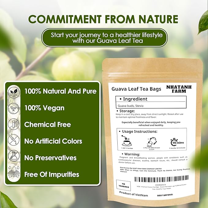 NHAT ANH FARM - Premium Guava Tea Bags - Dried Guava Leaves 40 Tea Bags, 2.5g/bag) - 100% Natural And Pure, Sugar/Caffeine/Gluten Free. Good For Your Health - Bloomnest