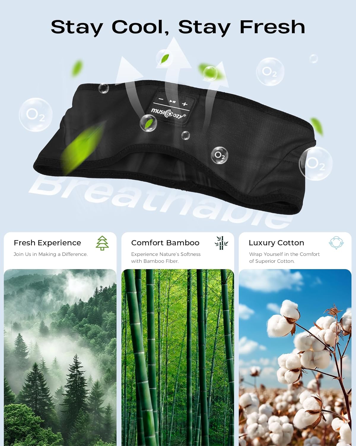 MUSICOZY Sleep Headphones Soft Bamboo Cotton Headband Headphones for Sleeping, Sleep Headphone Wireless Bluetooth 5.4 with Ultra-Thin HD Stereo Speaker for Unique Gifts(Classic Black)