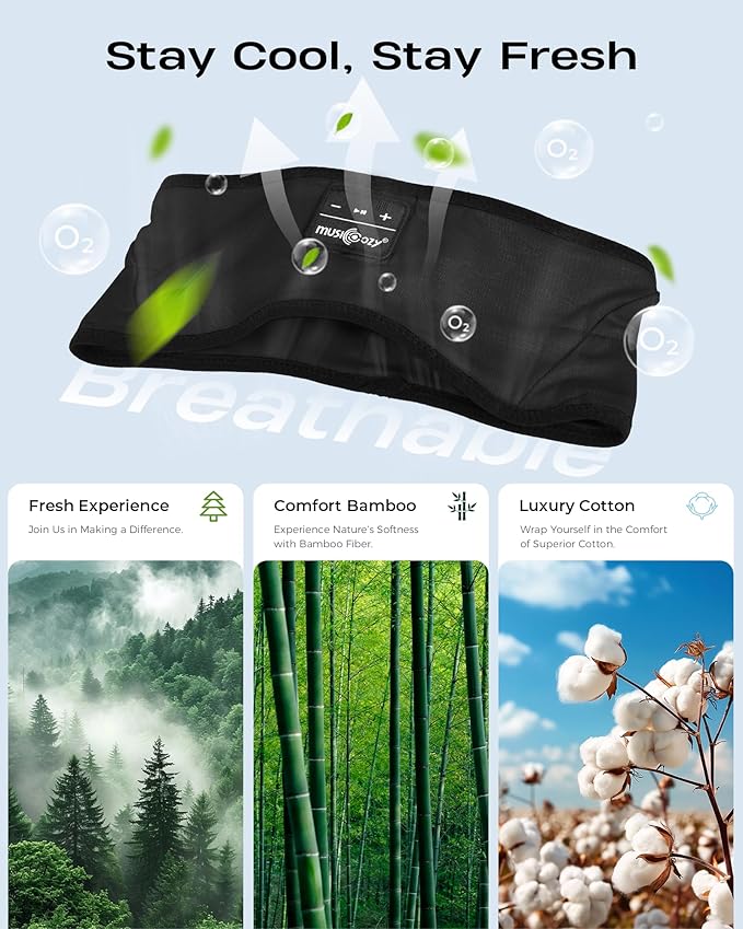 MUSICOZY Sleep Headphones Soft Bamboo Cotton Headband Headphones for Sleeping, Sleep Headphone Wireless Bluetooth 5.4 with Ultra-Thin HD Stereo Speaker for Unique Gifts(Classic Black) - Bloomnest