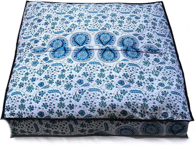 INDIAN CRAFT CASTLE 24" Green Peacock Mandala Barmeri Large Floor Pillow Cover Cushion Meditation Seating Ottoman Throw Cover Hippie Decorative Zipped Bohemian Pouf Ottoman Pom Pom Cases 24" Square - Bloomnest