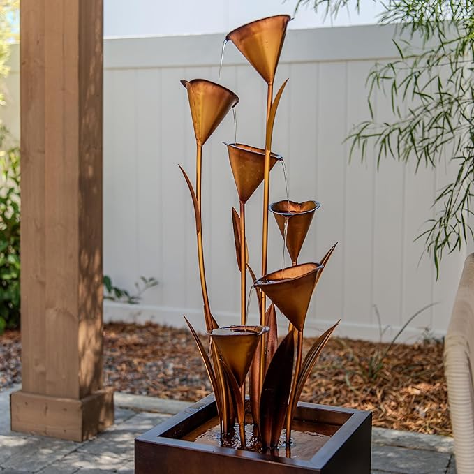 XBrand Freestanding Sculptural Metal Multi-Tiered Flower Water Fountain, No LED Lights, Bronze, 46" Tall