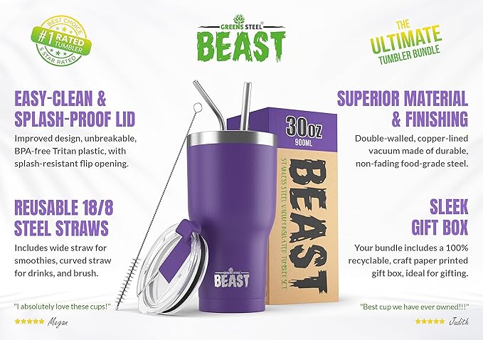 Beast 30 oz Tumbler Stainless Steel Vacuum Insulated Coffee Ice Cup Double Wall Travel Flask (Purple) - Bloomnest