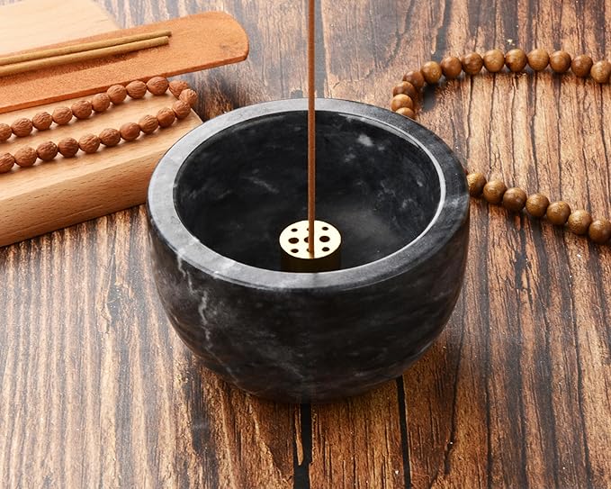 Natural Marble Incense Holder with Brass 9 Holes Incense Stick Holder, Incense Burner ash Catcher, for Meditation Incense Burning, Easily Grab Incense Ash (Black), XL-01 - Bloomnest