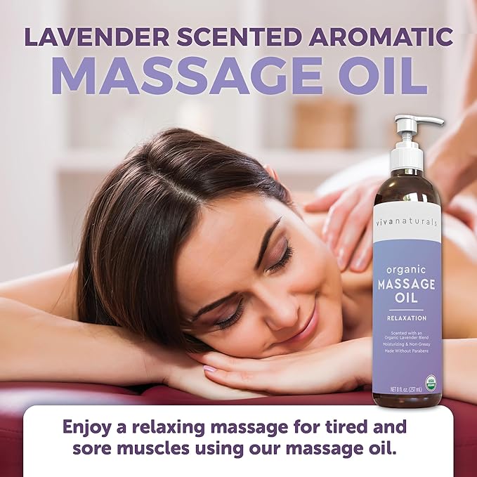 Viva Naturals Organic Massage Oil (8 fl. oz.) - Lavender Scented Non-Greasy Body Massage Oil with Mess-Free Pump, Moisturizing Massage Oils for Massage Therapy, Non-GMO and Certified Organic, 237 mL - Bloomnest