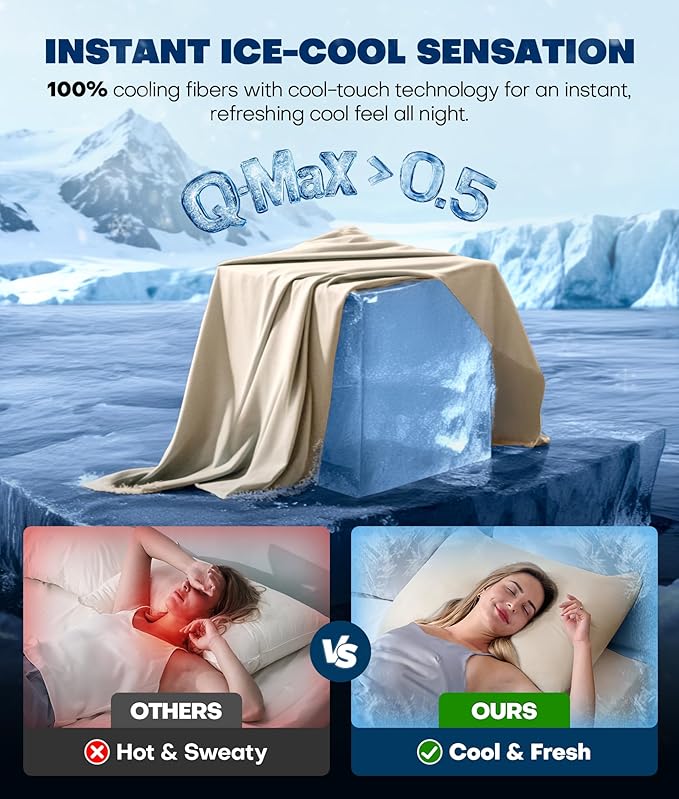 Ultra-Chill Cooling Pillowcase Set of 2 for Hot Sleepers, Softer Than Silk Pillow Cases for Protecting Hair & Skin, Breathable Bed Pillow Covers w/Zipper, Gifts for Women Men(Beige, King) - Bloomnest