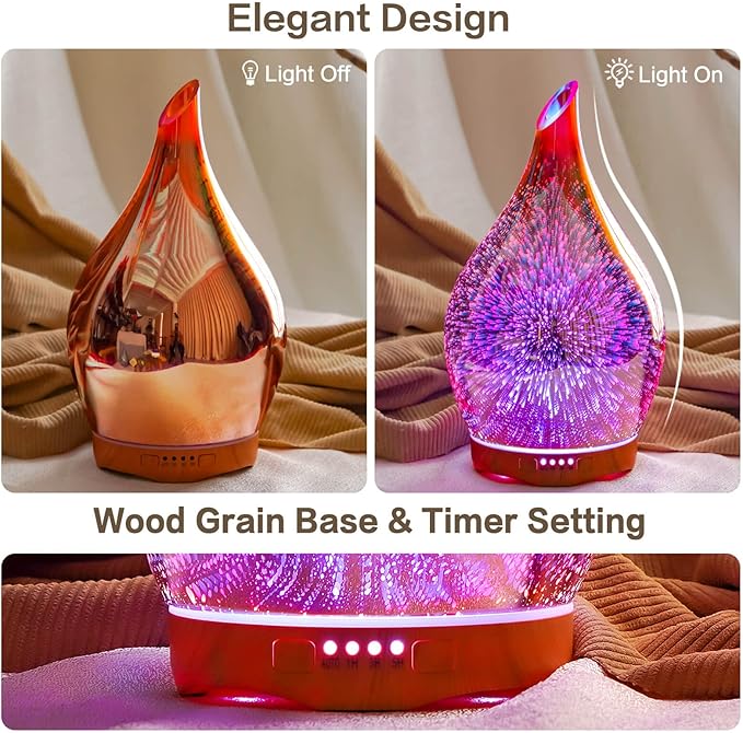 Porseme 280ml Essential Oil Diffuser 3D Hand-Blown Glass Aroma Diffusor, Aromatherapy Unltrasonic Cool Mist deffuser, 7 Color Changing Humidifier, Waterless Shut-Off, Timer Function for Home Office Porseme