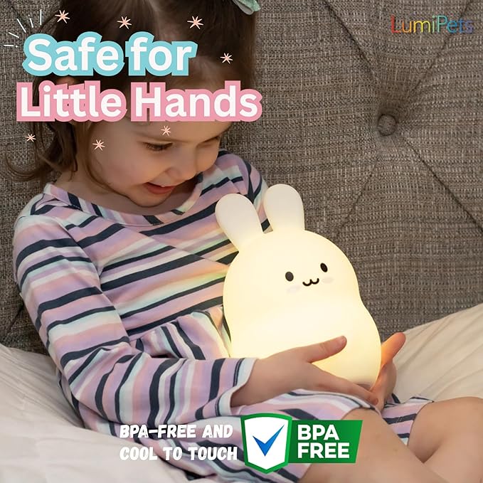 Lumipets Baxter The Bunny Squishy Night Light for Kids | Silicone Lamp with Tap & Remote Control | Rechargeable Color Changing Animal Night Light for Boys & Girls | Portable Nightlight with USB Cord - Bloomnest