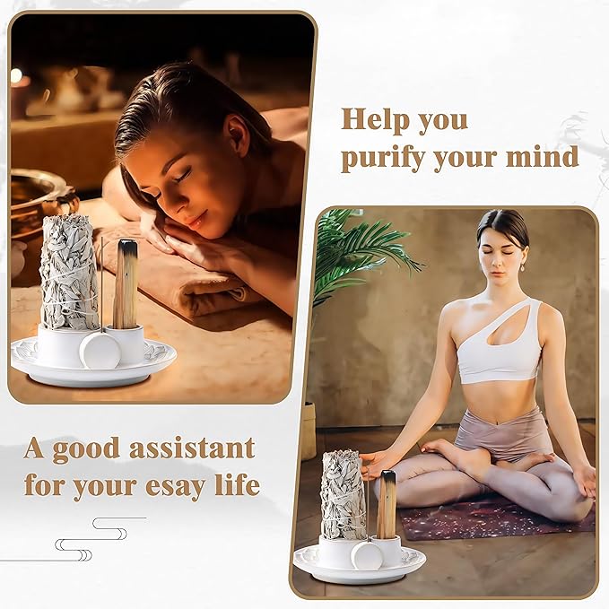4 in 1 Incense Holder, Ceramic Incense Stick and Palo Santo Holder,Sage Holder for Burning- 5.5" Ceramic Ash Catcher Tray for Meditation and Yoga Room (White) - Bloomnest