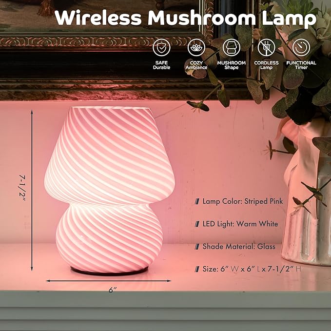 Battery Operated Mushroom Lamp-Cute Small Pink Aesthetic Table Lamp with Timer,Cordless Bedside Lamp for Girl Gifts,Glass Decorative Lamp for Bedroom/Entryway/Shelf/Desk Decor/Dorm/Office - Bloomnest