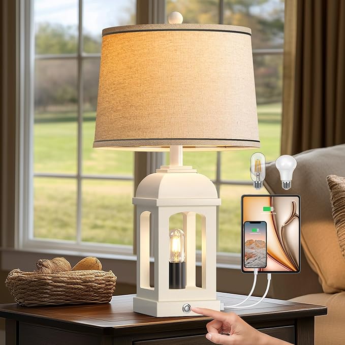 QiMH Table Lamp for Living Room, Farmhouse Lamps with USB A+C and Nightlight, 26" Rustic Bedside Lamps with 3-Way Dimmable Touch Control, Nightstand Lamp for Bedroom, White, 1 Pack - Bloomnest