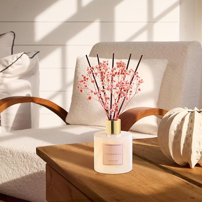 Cocorrína Premium Reed Diffuser Set with Preserved Baby's Breath & Cotton Stick Sandalwood Rose | 6.7oz Scent Fragrance Oil Diffuser for Bedroom Bathroom Home Décor - Bloomnest