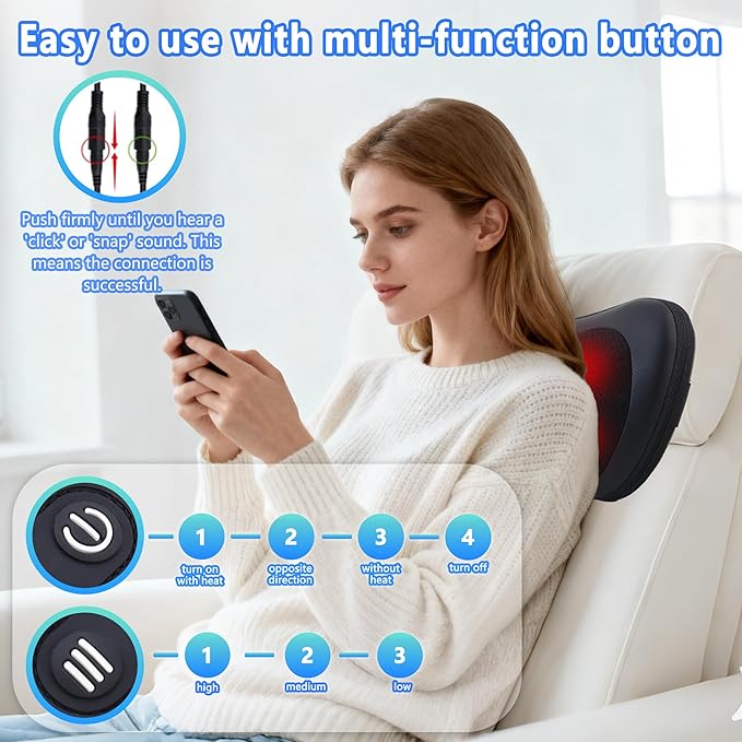 Shiatsu Neck and Back Massager with Heat - Deep Tissue Massage Pillow for Neck, Back & Shoulders Pain Relief, Portable Ergonomic Design Electric Massager for Home, Car, Office Use, Black - Bloomnest