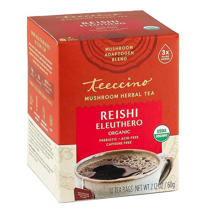 Teeccino Reishi Eleuthero Tea - French Roast - Organic Mushroom Adaptogenic Herbal Tea, 3x More Herbs than Regular Tea Bags, Caffeine Free, Chicory Prebiotic - 10 Tea Bags - Bloomnest