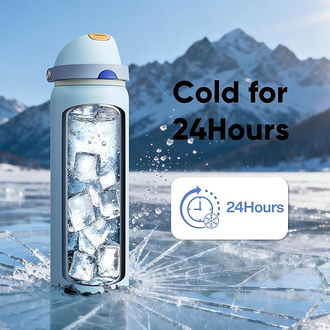 ENCOOL Insulated Water Bottle with Straw Stainless Steel Water Bottle with Push Button Lid, Leak-Proof & BPA-Free, Keeps Cold for 24 Hours for Sports, Travel, Gym (32 oz, Hazy Blue-Blue) ENCOOL