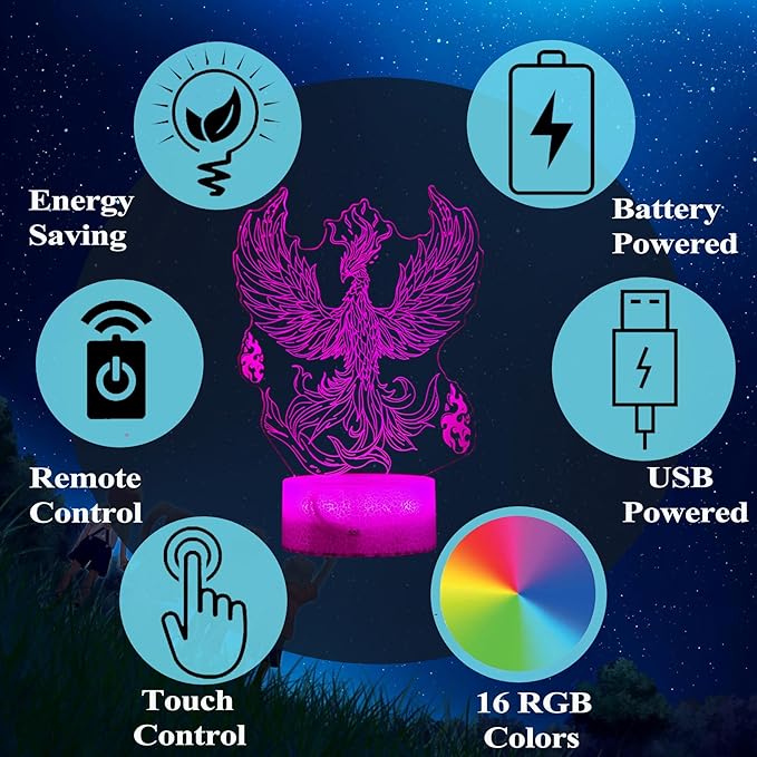 Phoenix Night Light, 3D Illusion Lamp, Phoenix Stuff with 16 Colors Changing, Remote Control, Dimmable, Kids Room Decoration, Xmas Holiday Gifts - Bloomnest