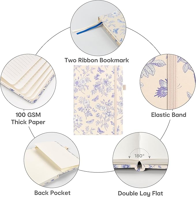 &And Per Se Lined Journal Notebook, 160 Pages, A5 5.7 x 8 inches College Ruled Thick Paper Notebook Journals for Writing, Hardcover Notebooks for Women Men Office School (Blue Flowers)