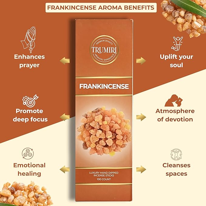 Frankincense Incense Sticks - Pack of 100 Insence-Sticks for Catholic Christian Church - Made with Natural Non Toxic Incienso - Scented Insense Spiritual Agarbatti Incents TRUMIRI