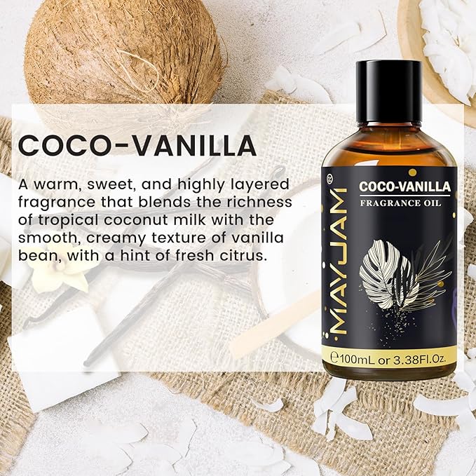 Coco-Vanilla Fragrance Oil Essential Oil, MAYJAM 3.38FL.OZ Coconut Vanilla Oil for Diffusers for Home, Long Lasting Scented Oils for Soap Candle Making - 100ML MAYJAM