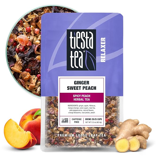Tiesta Tea - Ginger Sweet Peach, Loose Leaf, Spicy Peach Herbal Tea, Non-Caffeinated Tranquility Blend, Bulk Herbal Leaves with Hibiscus & Cane Sugar, 25 Cups, 2.2 Ounce Resealable Pouch - Bloomnest