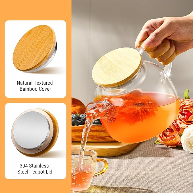 PARACITY Glass Teapot Stovetop 34oz/1000ml, Borosilicate Clear Tea Kettle with Removable 18/8 Stainless Steel Infuser,Glass Tea Kettle with Wooden Lid, Teapot for Loose Leaf Tea Fruit Tea Fragrant Tea - Bloomnest