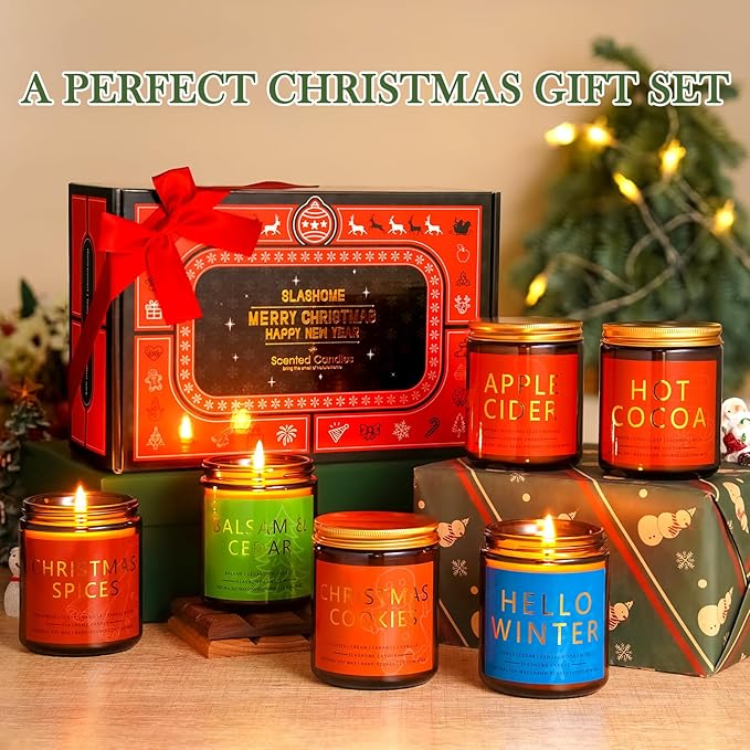 Christmas & Winter Candle Gift Set, 6 Pack 7oz Soy Scented Candles for Home, Holiday & Birthday Gift for Women & Men, Balsam Cedar, Christmas Cookies & Spices, Apple Cider, Hot Cocoa & Hello Winter - Bloomnest