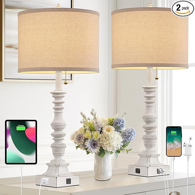 Farmhouse Table Lamps for Bedroom Set of 2, 29.5" Tall Rustic Bedside Lamp with USB Ports and AC Outlet, Vintage Nightstand Table Lamp for Living Room with Linen Drum Shade, White, Pull Chain - Bloomnest