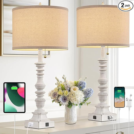 Farmhouse Table Lamps for Bedroom Set of 2, 29.5" Tall Rustic Bedside Lamp with USB Ports and AC Outlet, Vintage Nightstand Table Lamp for Living Room with Linen Drum Shade, White, Pull Chain - Bloomnest